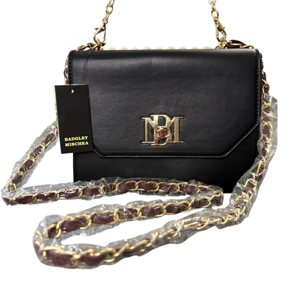 Badgley Mischka Black and Wine Double Crossbody Bag with Pearls